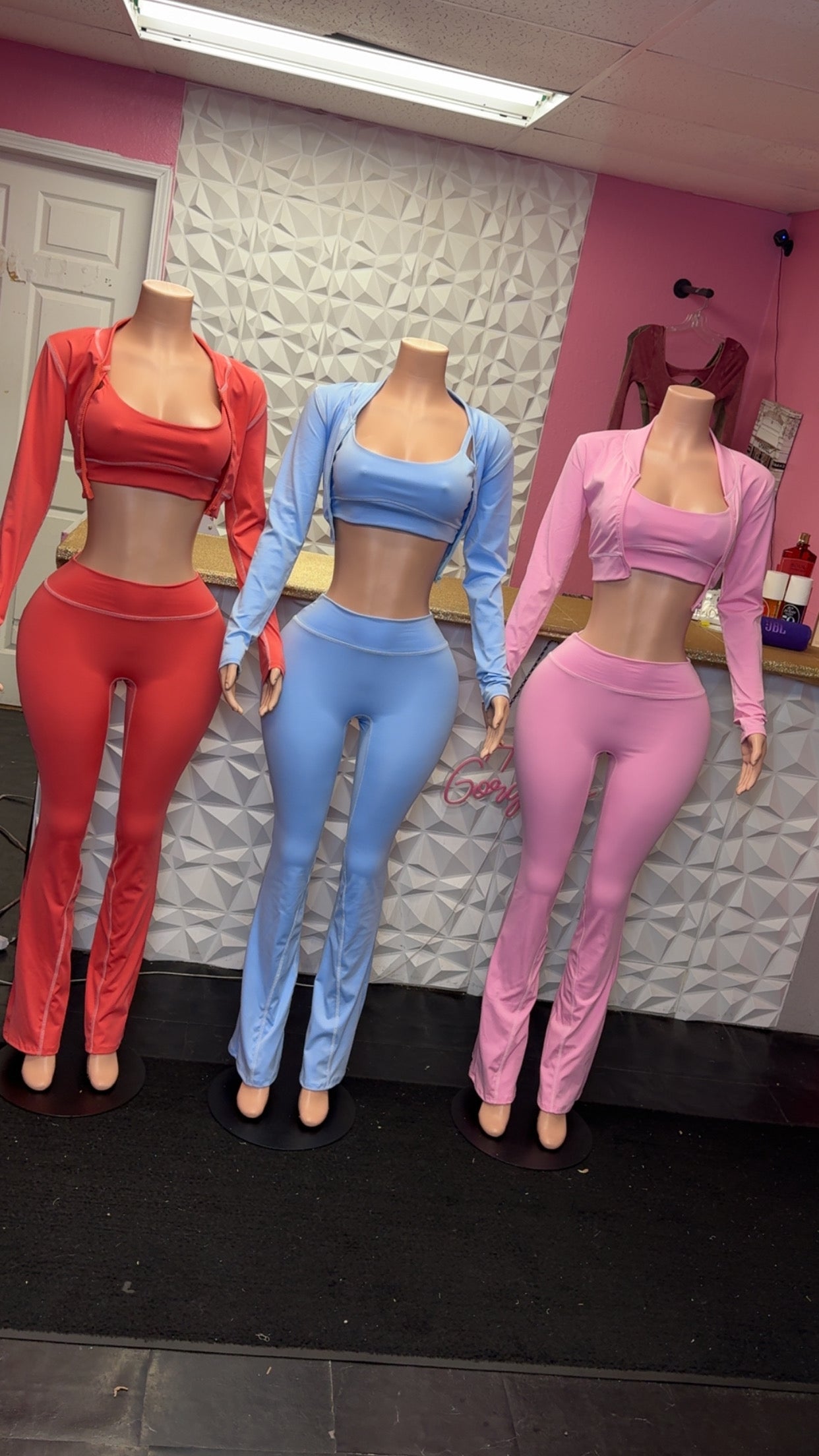 Women’s 3 piece matching lounge wear sets in colors coral, sky blue, pink