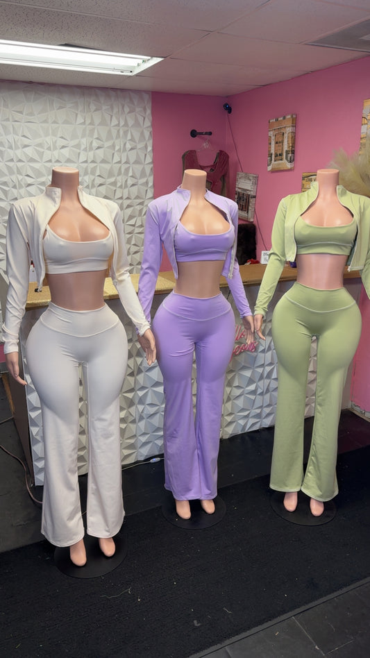 Women’s 3 piece crop top matching pants set in colors off white, purple, green