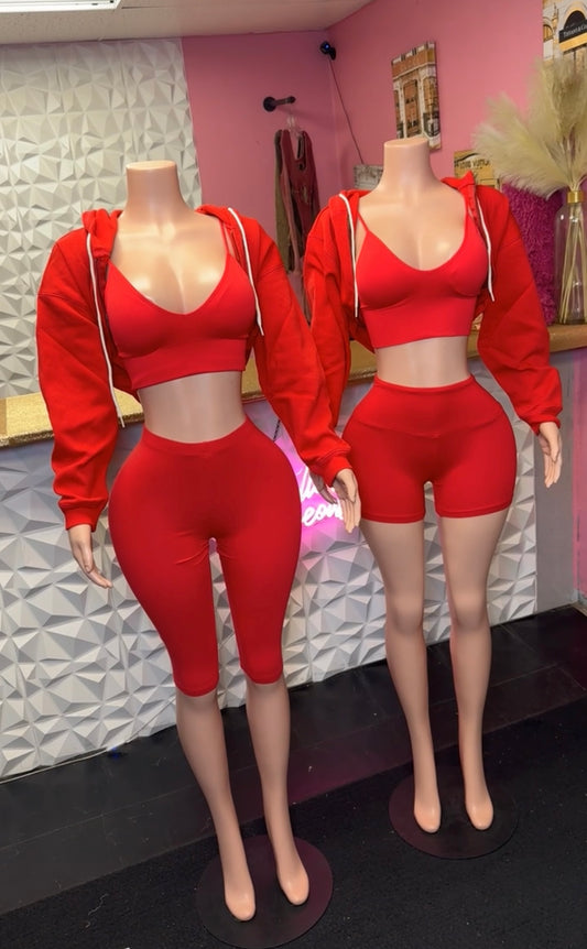 4 piece matching set that includes hoodie , bra, capri leggings, shorts 
