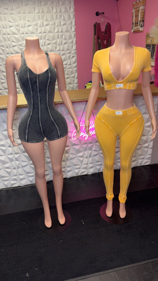 Women’s crop top short sleeve yellow two piece pants set 