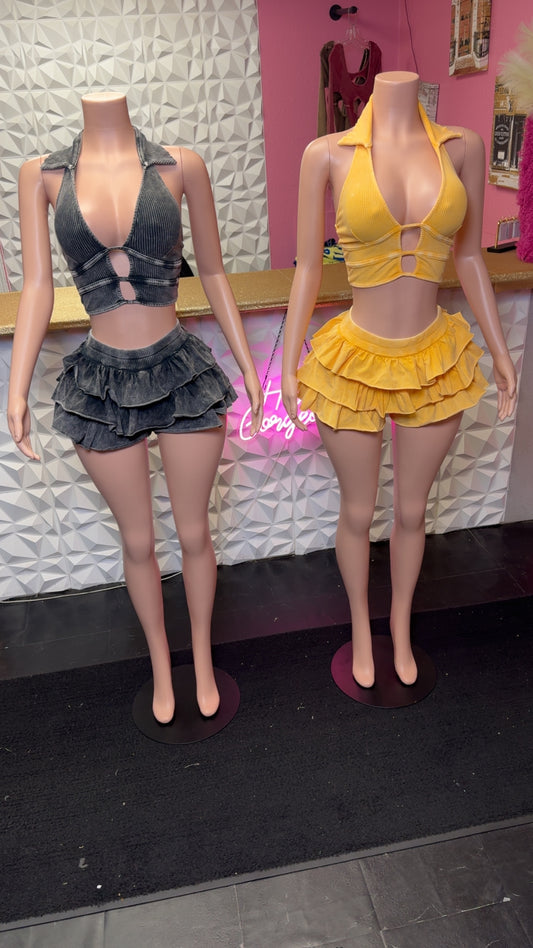 Two Piece Short Set With Frills and A Collard Top in Black and Yellow