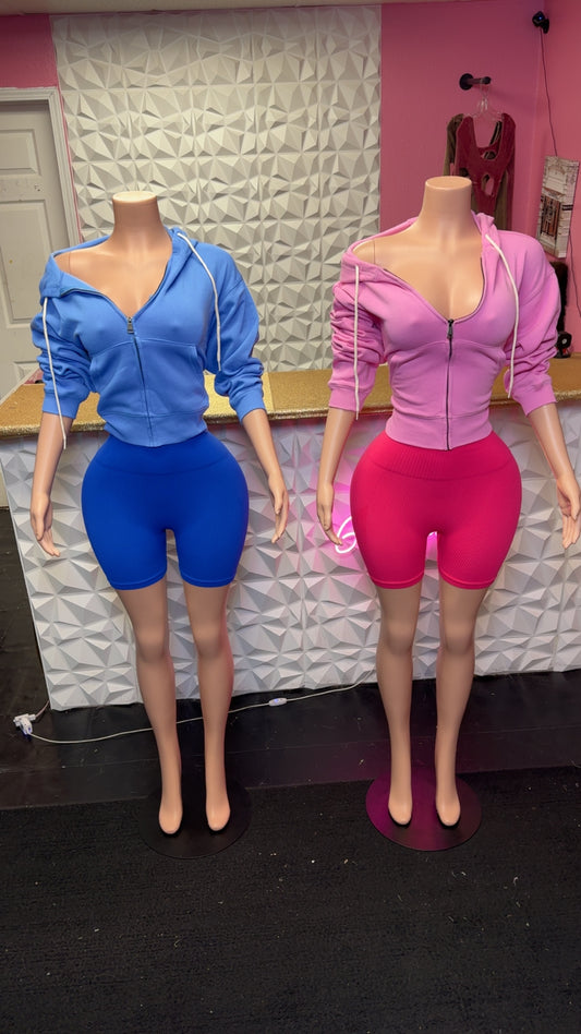 Matching Hoodie and Shorts Set In Pink and Blue 